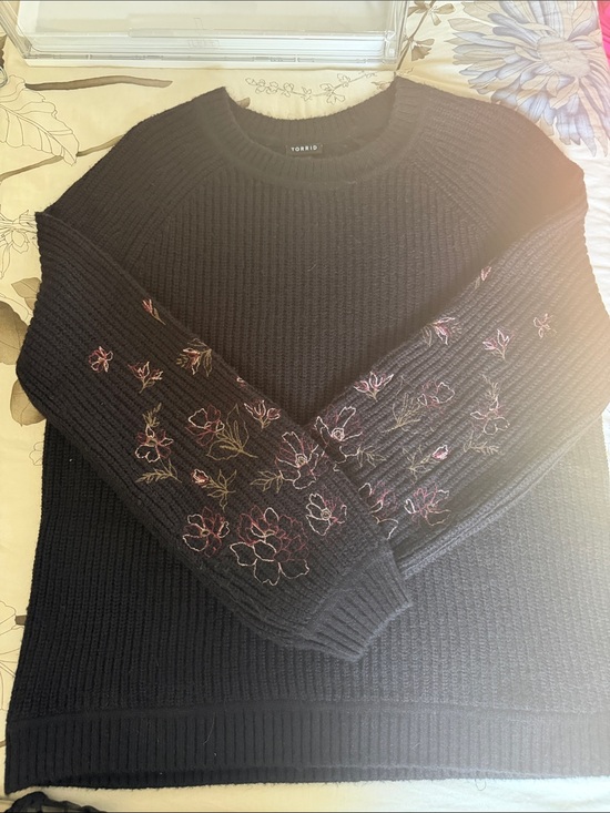 torrid Tops - torrid Black Sweater with Pink & Green Floral Sleeve Embroidery